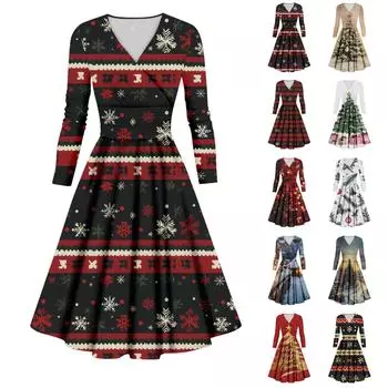 Женское повседневное и модное сексуальное платье с v-образным вырезом и длинными рукавами с рождественским принтом L тёмно-синий