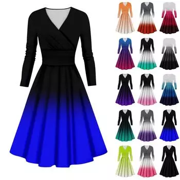 Женское повседневное и модное сексуальное платье с v-образным вырезом и длинными рукавами с градиентным принтом L чёрный