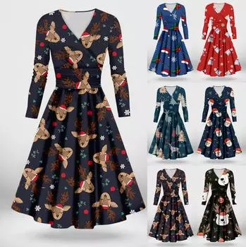 Женское повседневное и модное сексуальное платье с v-образным вырезом и длинными рукавами с рождественским принтом L чёрный