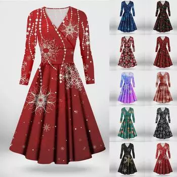 Женское повседневное и модное сексуальное платье с v-образным вырезом и длинными рукавами с рождественским принтом XL чёрный