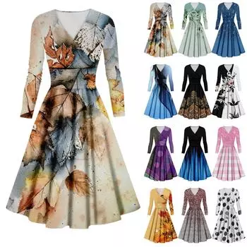 Женское повседневное и модное сексуальное платье с v-образным вырезом и длинными рукавами с принтом XXXL синий