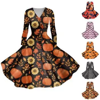 Женское повседневное и модное сексуальное платье с v-образным вырезом и длинными рукавами с принтом на Хэллоуин XL оранжевый