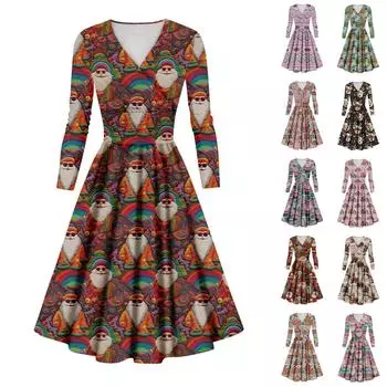 Женское повседневное и модное сексуальное платье с v-образным вырезом и длинными рукавами с рождественским принтом S розовый