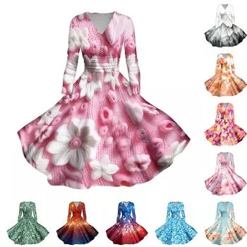 Женское повседневное и модное сексуальное платье с v-образным вырезом и длинными рукавами с градиентным принтом L синий