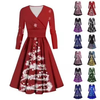 Женское повседневное и модное сексуальное платье с v-образным вырезом и длинными рукавами с рождественским принтом XXXXL чёрный