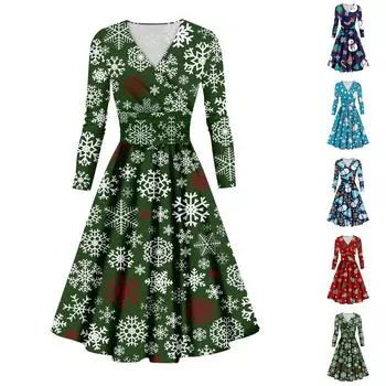 Женское повседневное и модное сексуальное платье с v-образным вырезом и длинными рукавами с рождественским принтом L синий