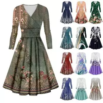 Женское повседневное и модное сексуальное платье с v-образным вырезом и длинными рукавами с принтом XXXXL красный