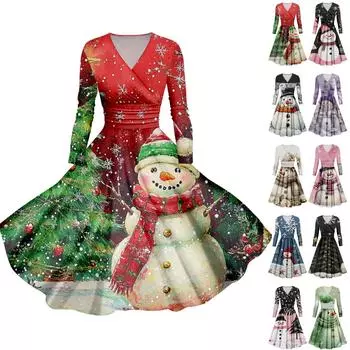 Женское повседневное и модное сексуальное платье с v-образным вырезом и длинными рукавами с рождественским принтом XL