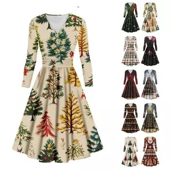Женское повседневное и модное сексуальное платье с v-образным вырезом и длинными рукавами с рождественским принтом XXXXL золотой