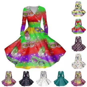 Женское повседневное и модное сексуальное платье с длинными рукавами и v-образным вырезом с принтом, карнавальное платье Марди Гра XXXXL чёрный
