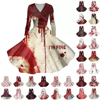 Женское повседневное и модное сексуальное платье с v-образным вырезом и длинными рукавами с принтом на Хэллоуин L чёрный