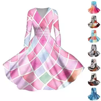 Женское повседневное и модное сексуальное платье с v-образным вырезом и длинными рукавами с градиентным принтом L