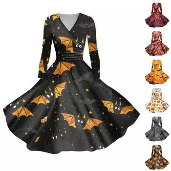 Женское повседневное и модное сексуальное платье с v-образным вырезом и длинными рукавами с принтом на Хэллоуин XXXXL имбирный
