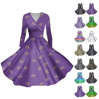 Женское повседневное и модное сексуальное платье с длинными рукавами и v-образным вырезом с принтом, карнавальное платье Марди Гра XXXL