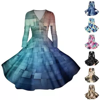 Женское повседневное и модное сексуальное платье с v-образным вырезом и длинными рукавами с градиентным принтом L чёрный