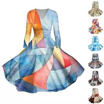 Женское повседневное и модное сексуальное платье с v-образным вырезом и длинными рукавами с градиентным принтом L верблюд