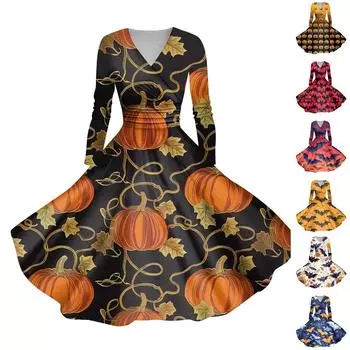Женское повседневное и модное сексуальное платье с v-образным вырезом и длинными рукавами с принтом на Хэллоуин L оранжевый