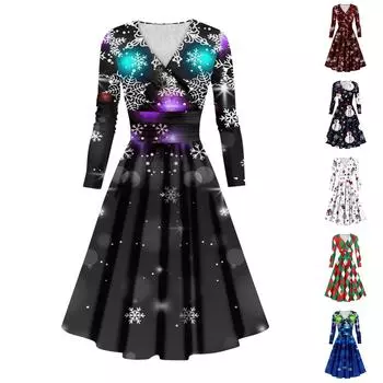 Женское повседневное и модное сексуальное платье с v-образным вырезом и длинными рукавами с рождественским принтом XXL чёрный