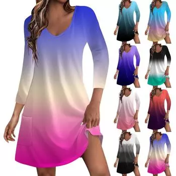 Женское повседневное и модное свободное облегающее платье с v-образным вырезом и карманами и рукавами 3/4 XXL