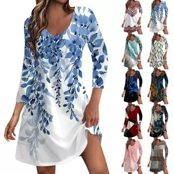 Женское повседневное и модное свободное облегающее платье с v-образным вырезом и карманами и рукавами 3/4 XXXL циан