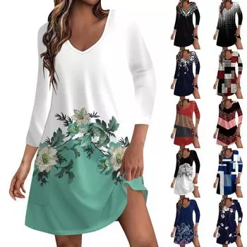 Женское повседневное и модное свободное платье с v-образным вырезом в стиле ретро и цветочным принтом, карманами и рукавами 3/4 L синий