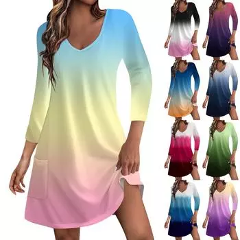 Женское повседневное и модное свободное платье с v-образным вырезом и градиентным принтом, карманами и рукавами 3/4 S розовый