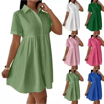 Женское повседневное и модное свободное платье с воротником-рубашкой на пуговицах M розовый