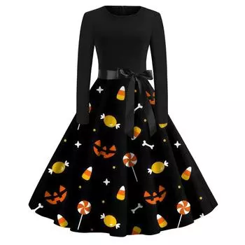 Женское повседневное и модное винтажное платье с круглым вырезом и принтом L чёрный