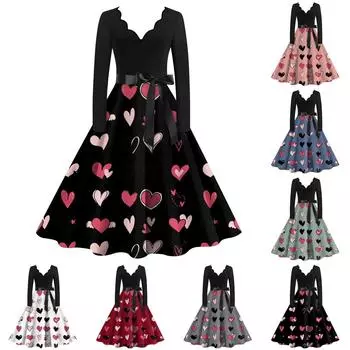 Женское повседневное и модное винтажное платье с v-образным вырезом и принтом ко Дню святого Валентина L чёрный