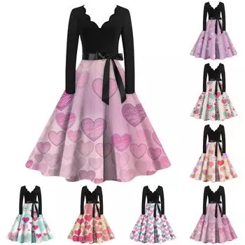 Женское повседневное и модное винтажное платье с v-образным вырезом и принтом ко Дню святого Валентина L