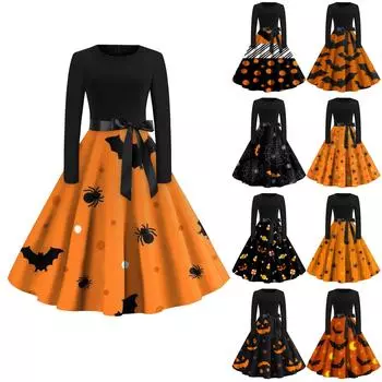 Женское повседневное и модное винтажное платье с круглым вырезом и принтом S оранжевый