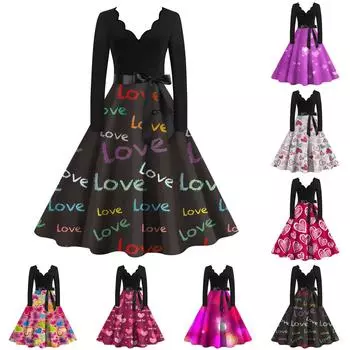 Женское повседневное и модное винтажное платье с v-образным вырезом и принтом ко Дню святого Валентина L серый