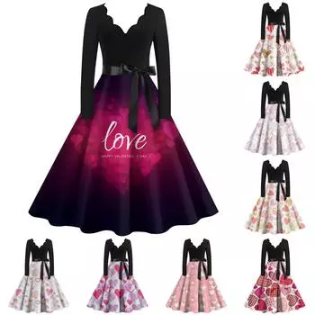 Женское повседневное и модное винтажное платье с v-образным вырезом и принтом ко Дню святого Валентина L