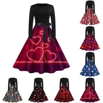 Женское повседневное и модное винтажное платье с круглым вырезом и принтом ко Дню святого Валентина L чёрный
