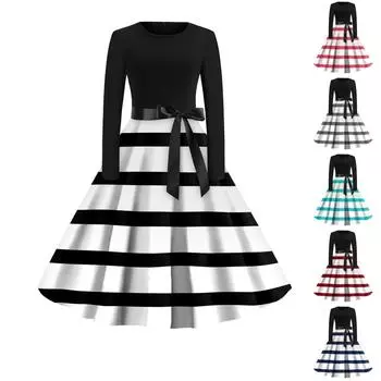 Женское повседневное и модное винтажное платье с круглым вырезом и принтом S чёрный