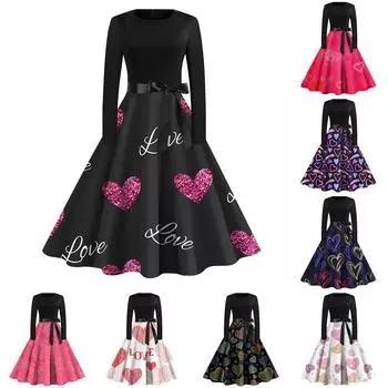 Женское повседневное и модное винтажное платье с круглым вырезом и принтом ко Дню святого Валентина L чёрный