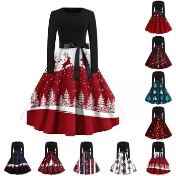 Женское повседневное и модное винтажное платье с круглым вырезом и принтом L циан