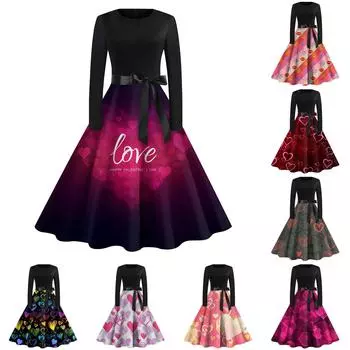 Женское повседневное и модное винтажное платье с круглым вырезом и принтом ко Дню святого Валентина L чёрный