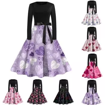 Женское повседневное и модное винтажное платье с круглым вырезом и принтом ко Дню святого Валентина L чёрный