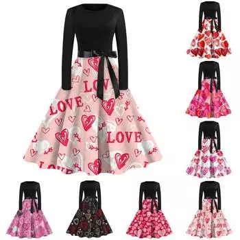 Женское повседневное и модное винтажное платье с круглым вырезом и принтом ко Дню святого Валентина L чёрный