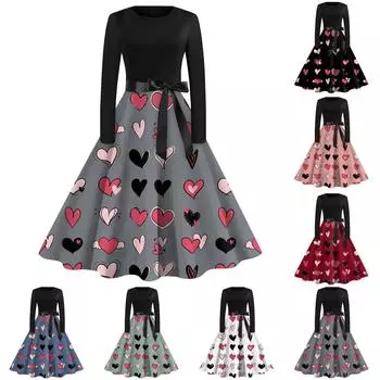 Женское повседневное и модное винтажное платье с круглым вырезом и принтом ко Дню святого Валентина L чёрный
