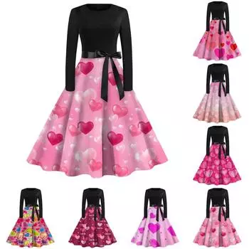 Женское повседневное и модное винтажное платье с круглым вырезом и принтом ко Дню святого Валентина L