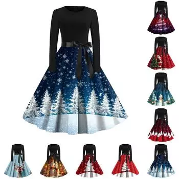 Женское повседневное и модное винтажное платье с круглым вырезом и принтом L чёрный