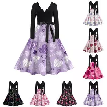 Женское повседневное и модное винтажное платье с v-образным вырезом и принтом ко Дню святого Валентина L чёрный