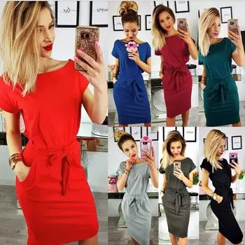 Женское повседневное карманное летнее женское вечернее платье с коротким рукавом