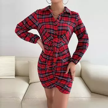 Женское повседневное клетчатое платье-рубашка приталенного кроя