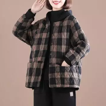 Женское повседневное клетчатое свободное однобортное пальто на осень и зиму, утепленное хлопком, с капюшоном, хлопковая куртка XXXL чёрный