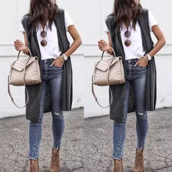 Женское повседневное легкое кимоно-кардиган без рукавов с открытыми передними карманами XL, темно серый