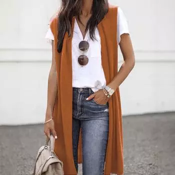 Женское повседневное легкое кимоно-кардиган без рукавов с открытыми передними карманами M оранжевый