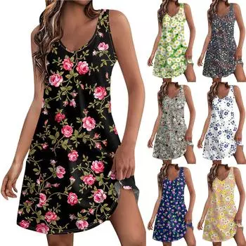 Женское повседневное летнее богемное пляжное платье с принтом и карманами, V-образным вырезом, платье-майка L чёрный